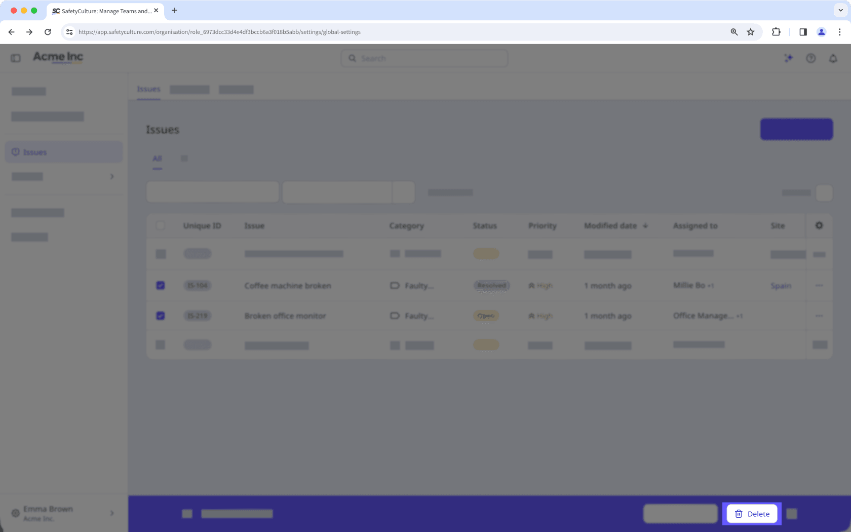 The Issues page showing the option to delete multiple issues.