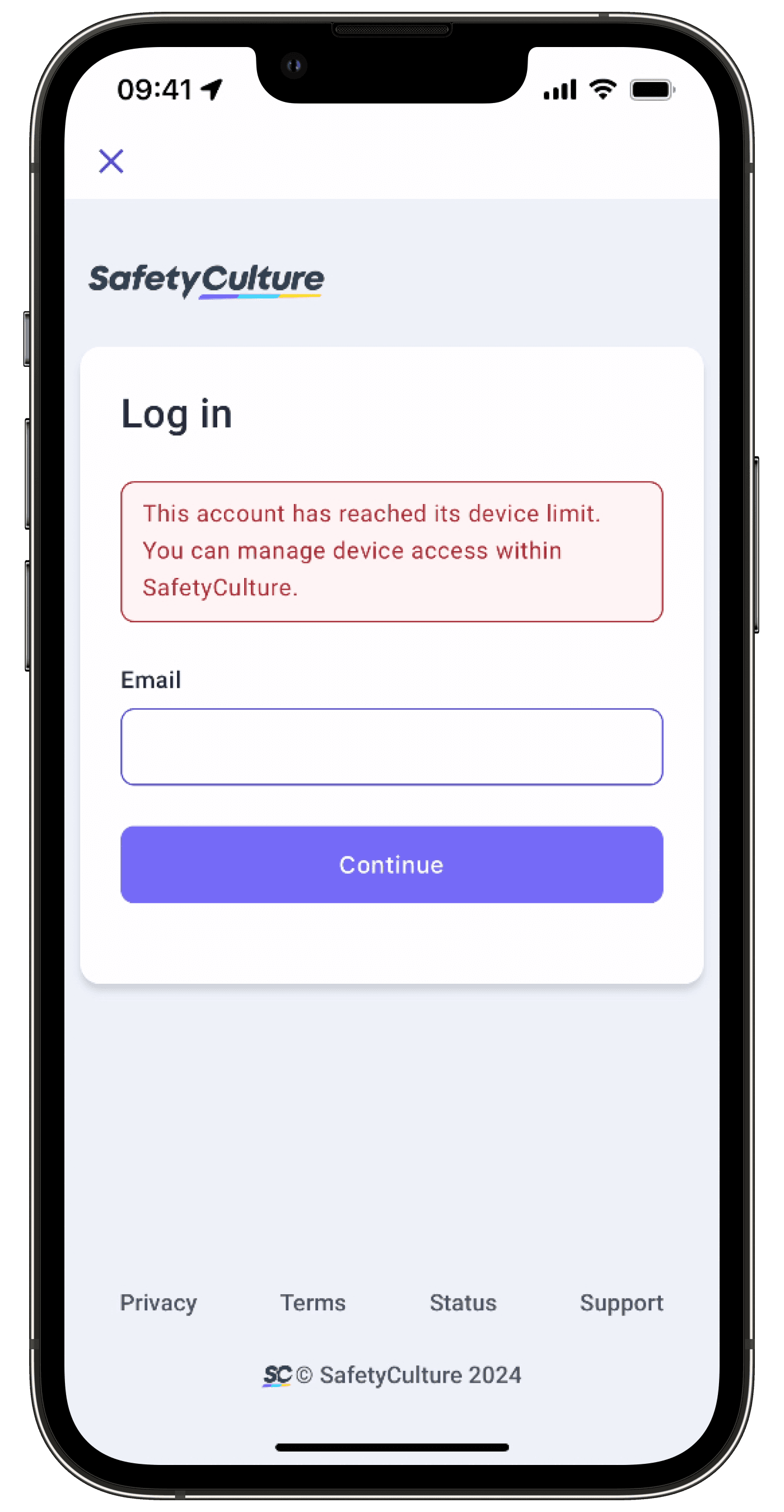 Screen showing a device limit error on the login screen via the mobile app.