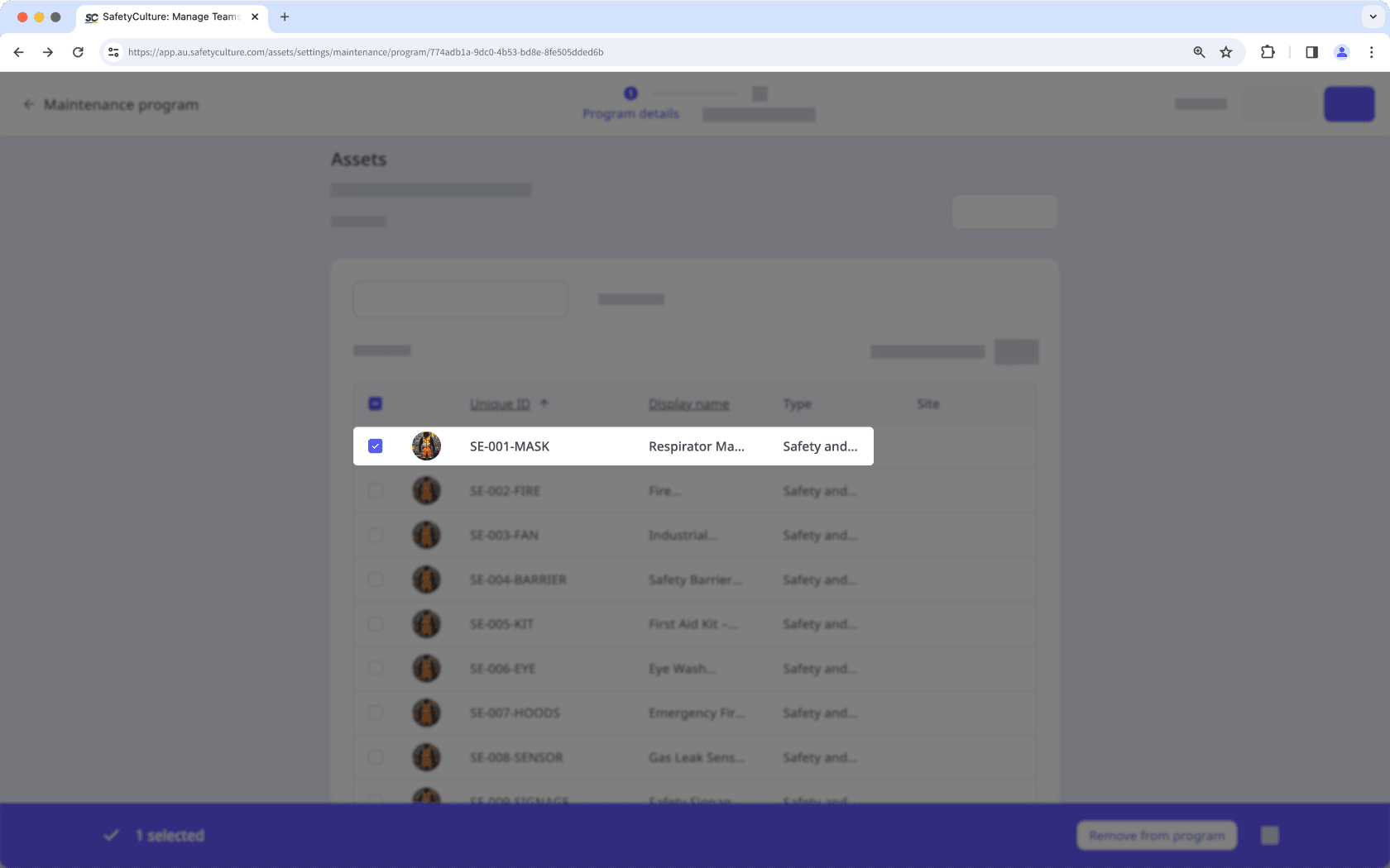 Select a single asset to add to or remove from a program via the web app.