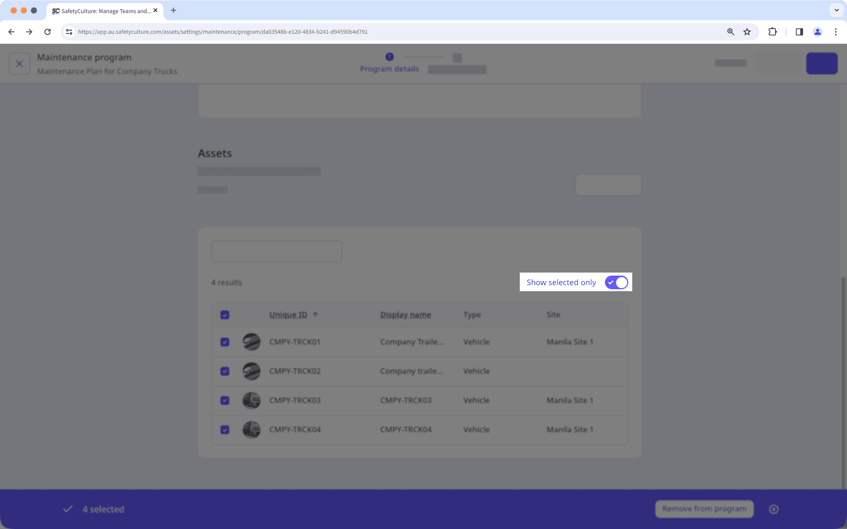 Turn on show only the assets you have selected via the web app in a maintenance program.