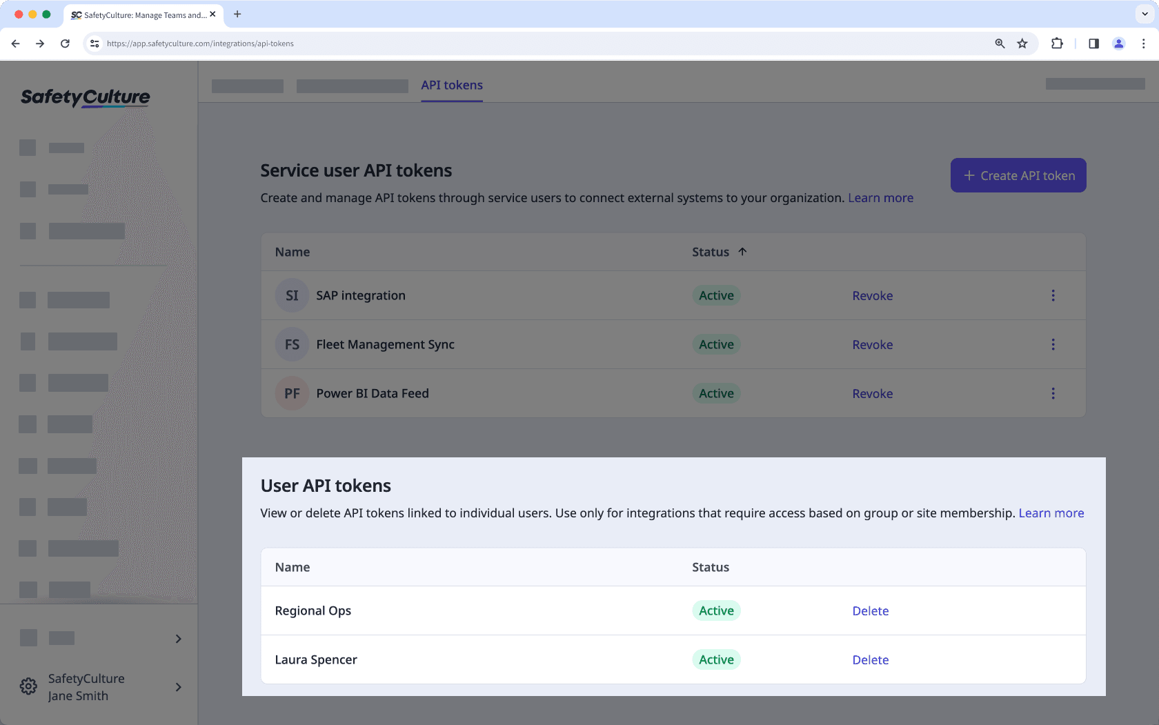 View user API tokens in your organization via the web app.