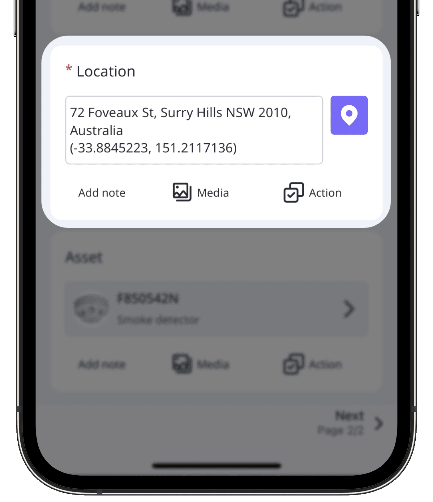 A title page in an inspection showing an inspection location on the mobile app
