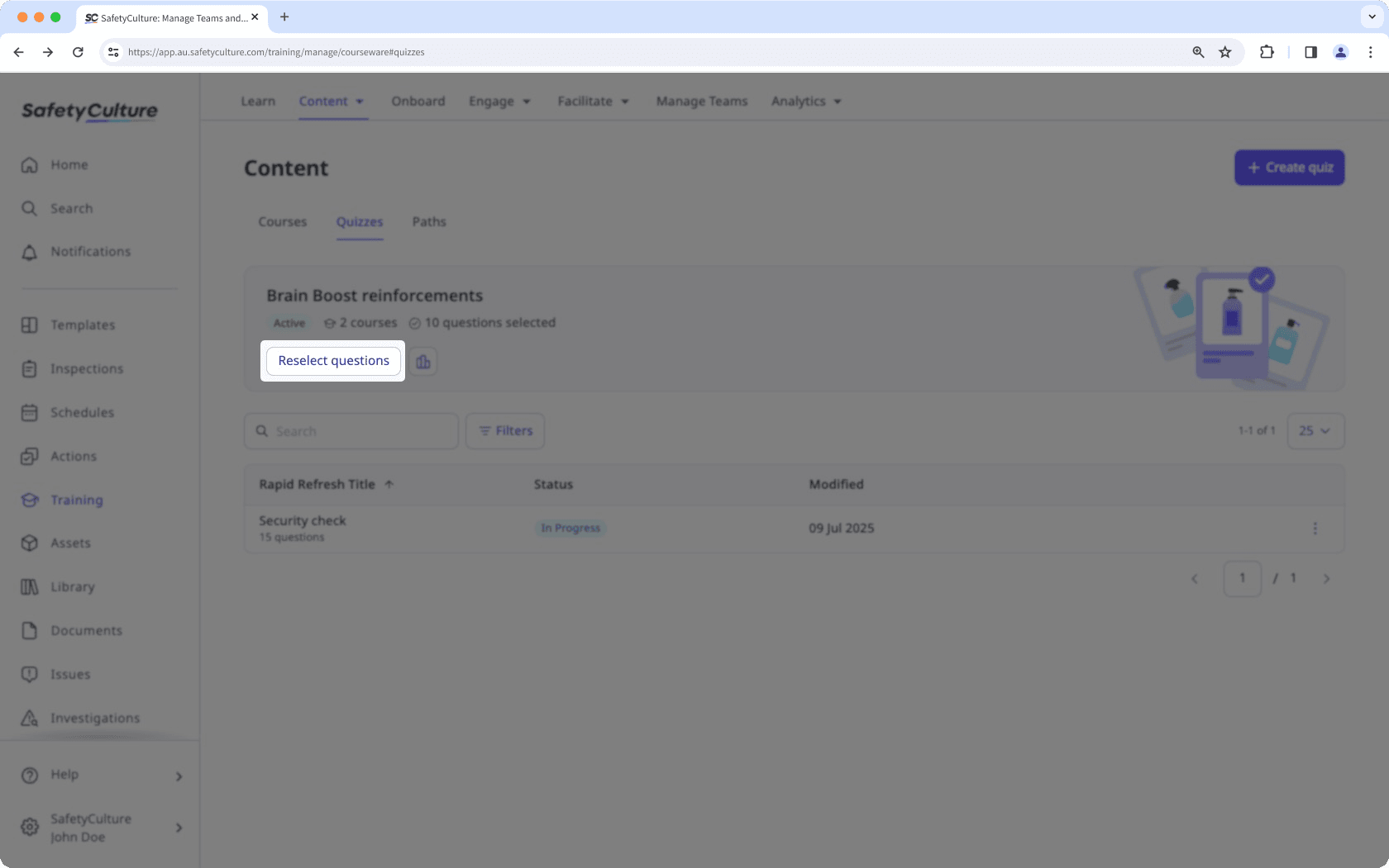 Reselect questions in Brain Boost quizzes