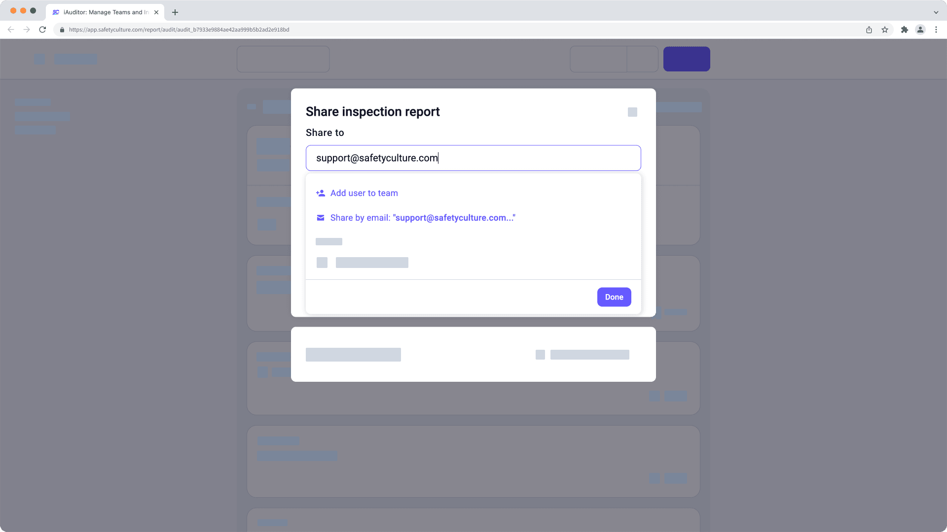Web app: Share inspection report link via email via the web app.