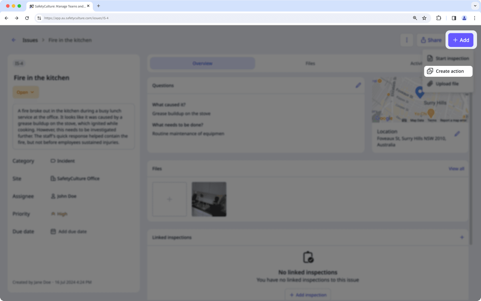 Create an action from an issue via the web app.