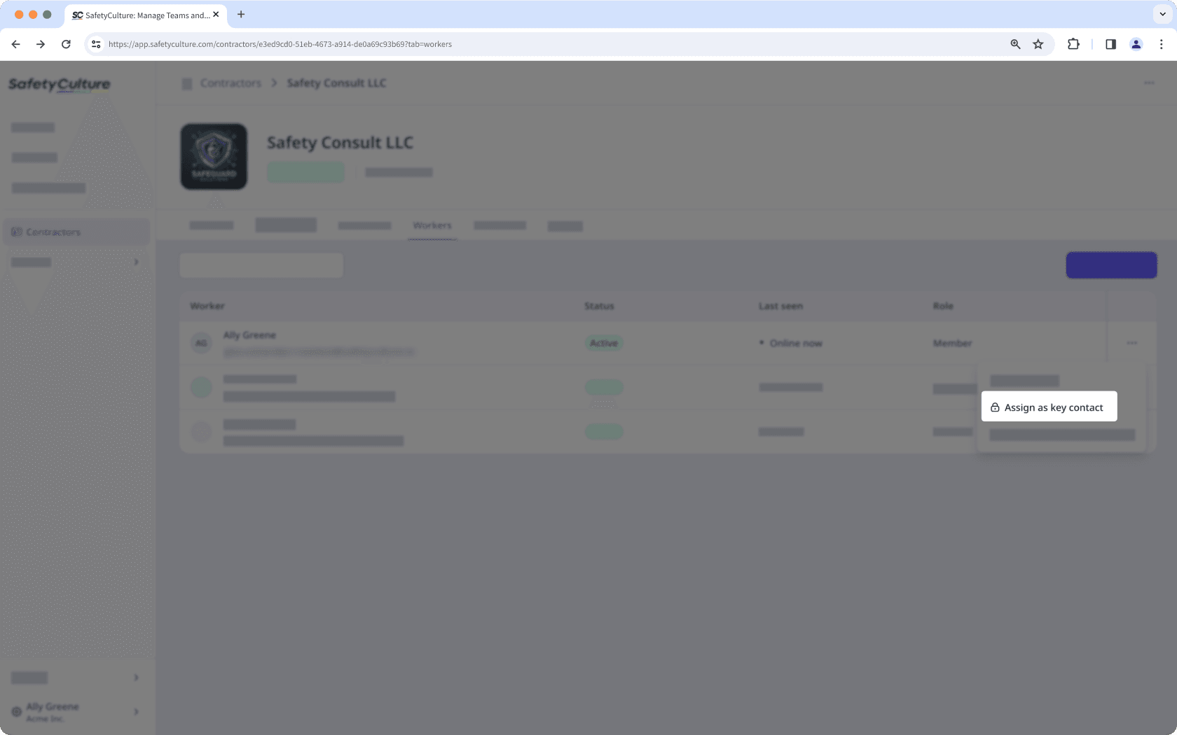 The Workers tab in the company profile with the "Assign as key contact" button visible.