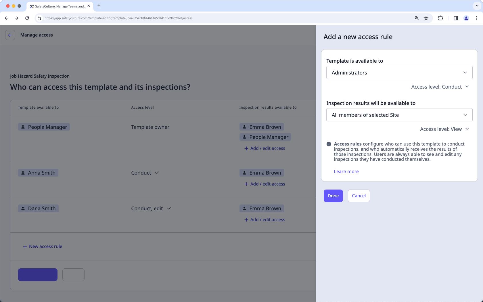 Assign advanced inspection access via the web app.