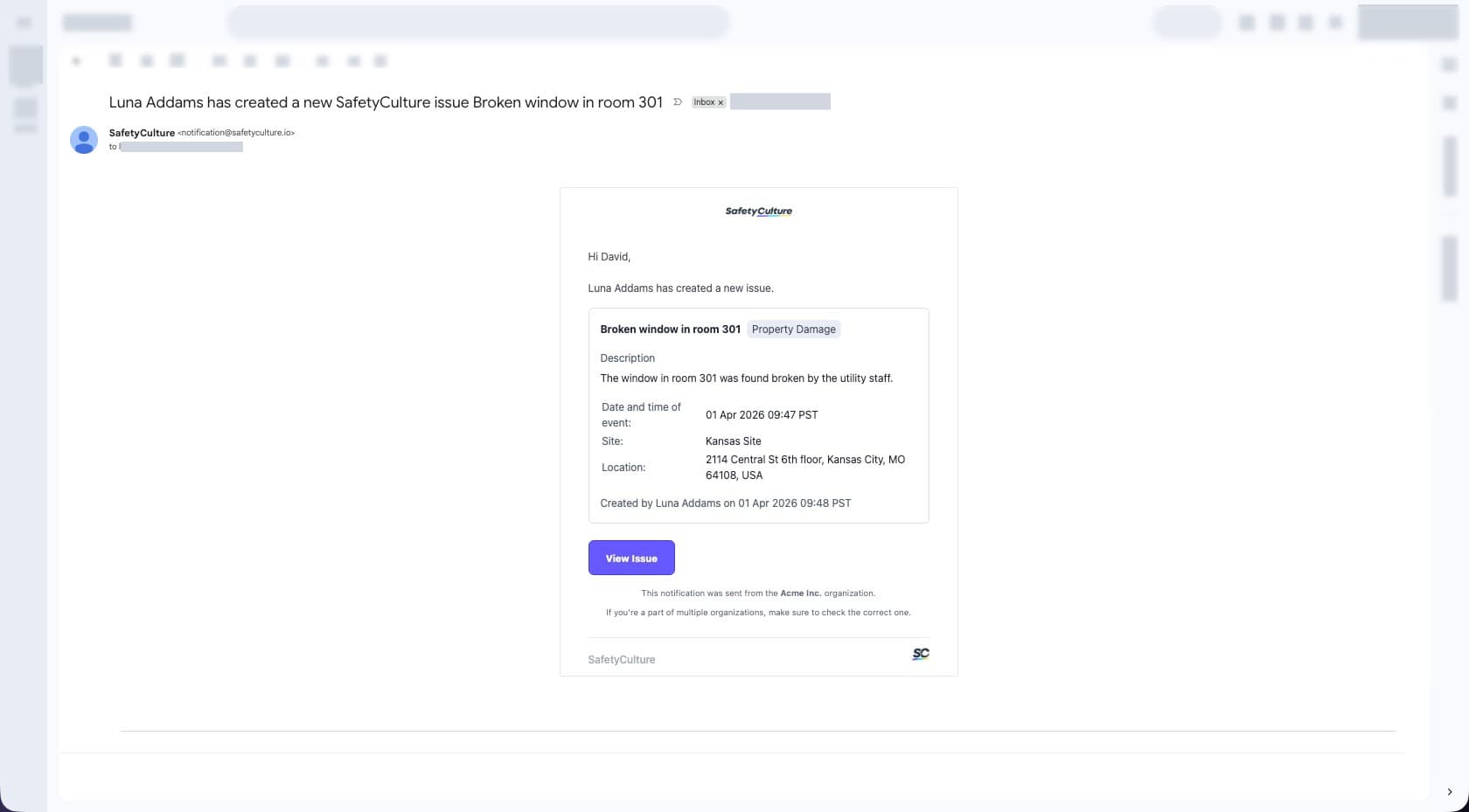 View Summary issue email notification sample.