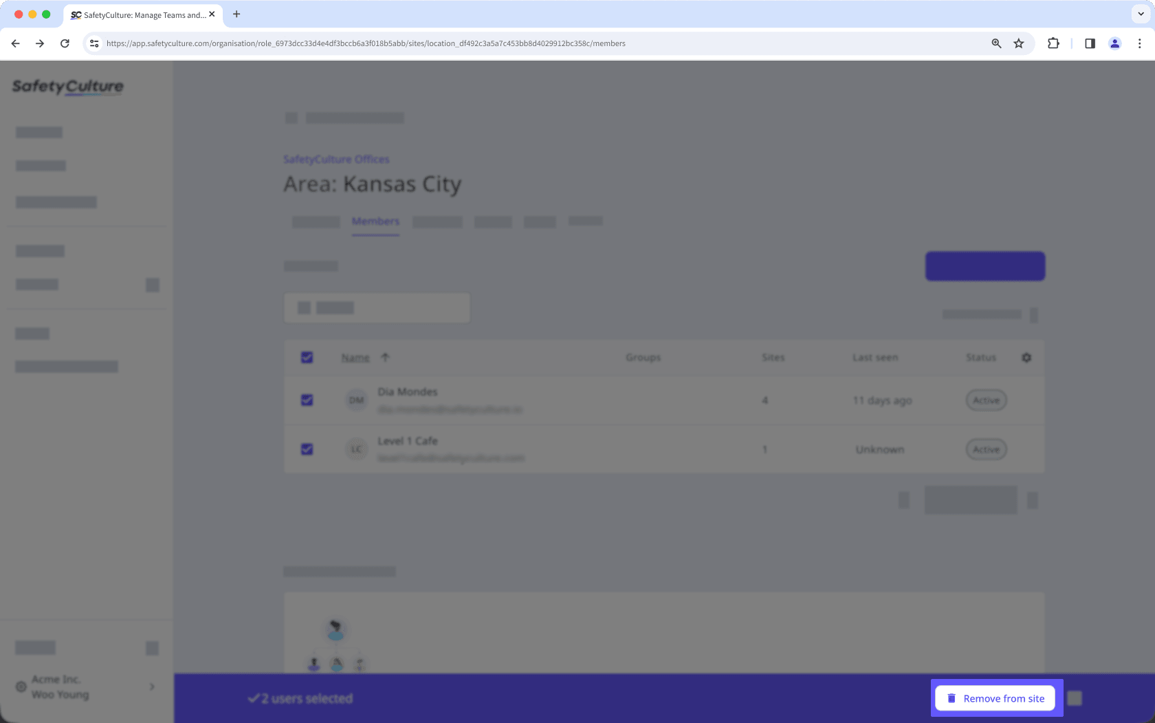 Remove multiple users from a site or level via the web app.