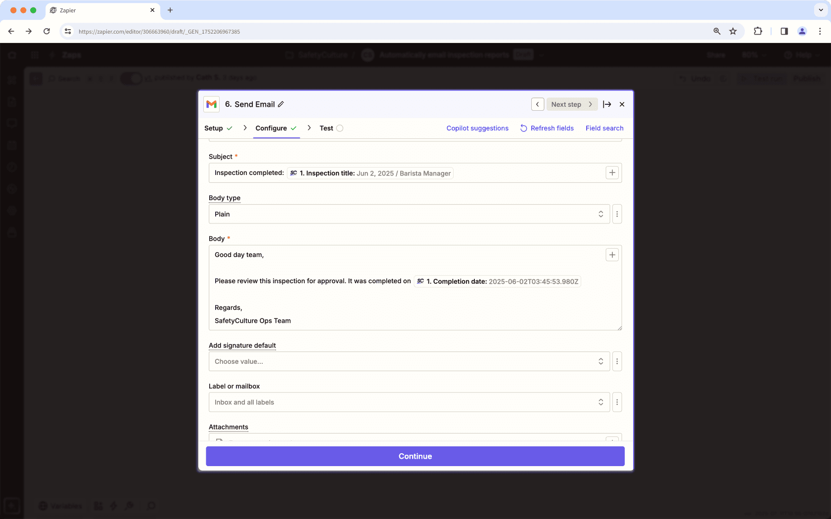 Automatically email inspection reports with Zapier via Gmail.