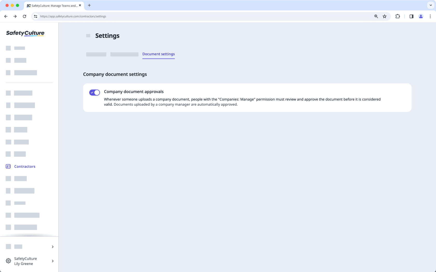 Turn company document approvals on or off via the web app.