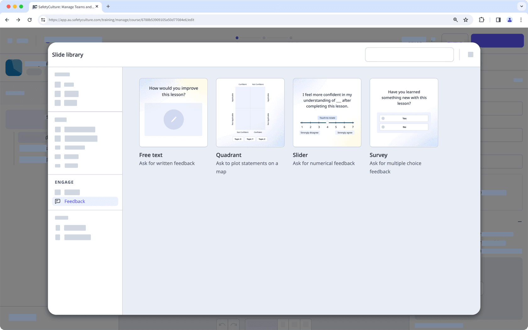 An example of feedback slide templates for training course lessons via the web app.