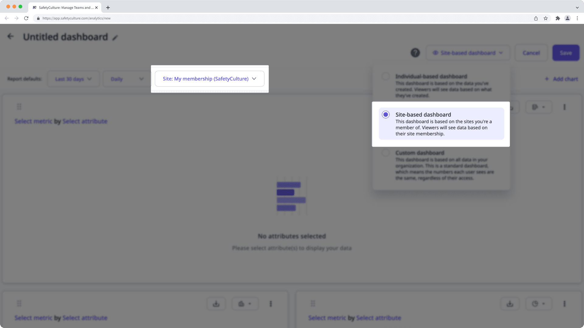 A site-based dashboard in the Analytics feature on the web app.