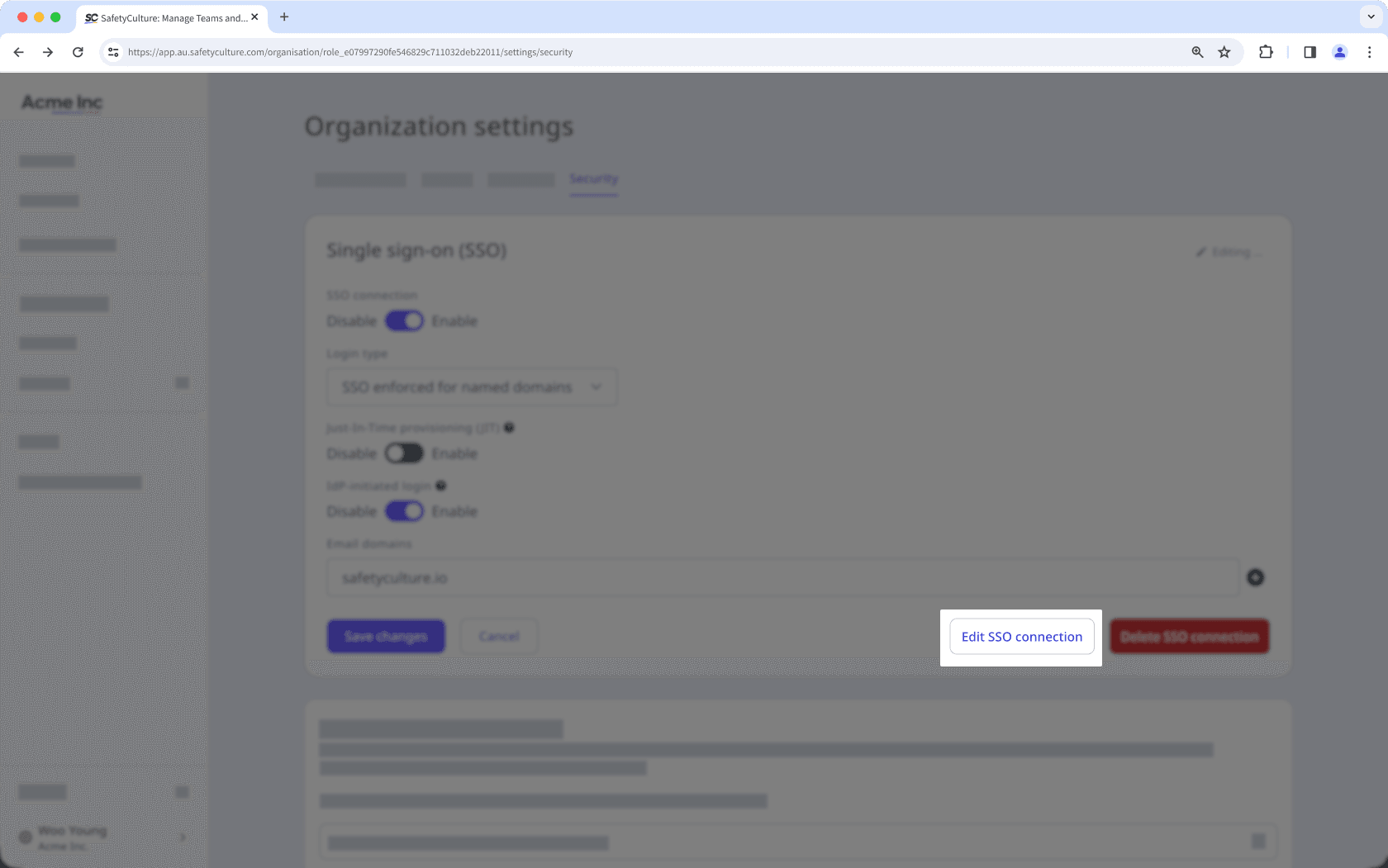The SSO page showing the option to edit the connection.