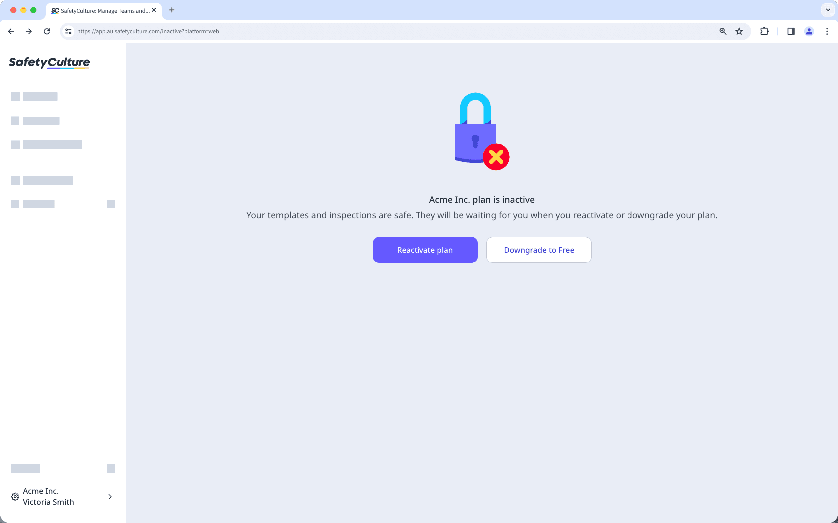 The Reactivate plan button visible upon logging in to your deactivated organization.