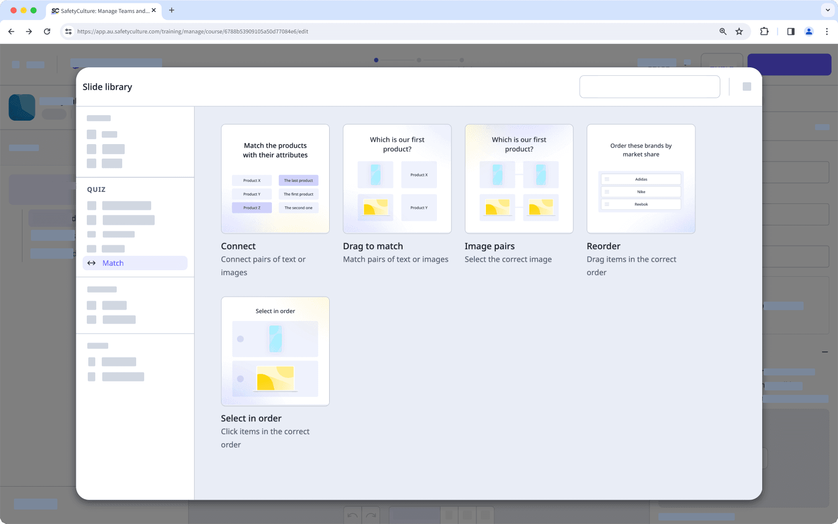 An example of match slide templates for training course lessons via the web app.