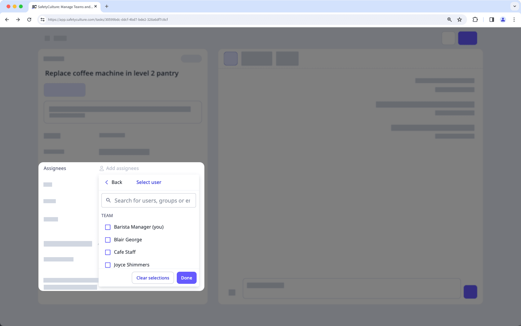 An example of selecting users from a list on the web app.