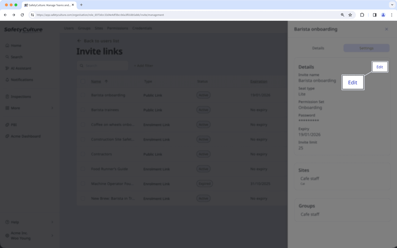 Edit an existing invite link via the web app.