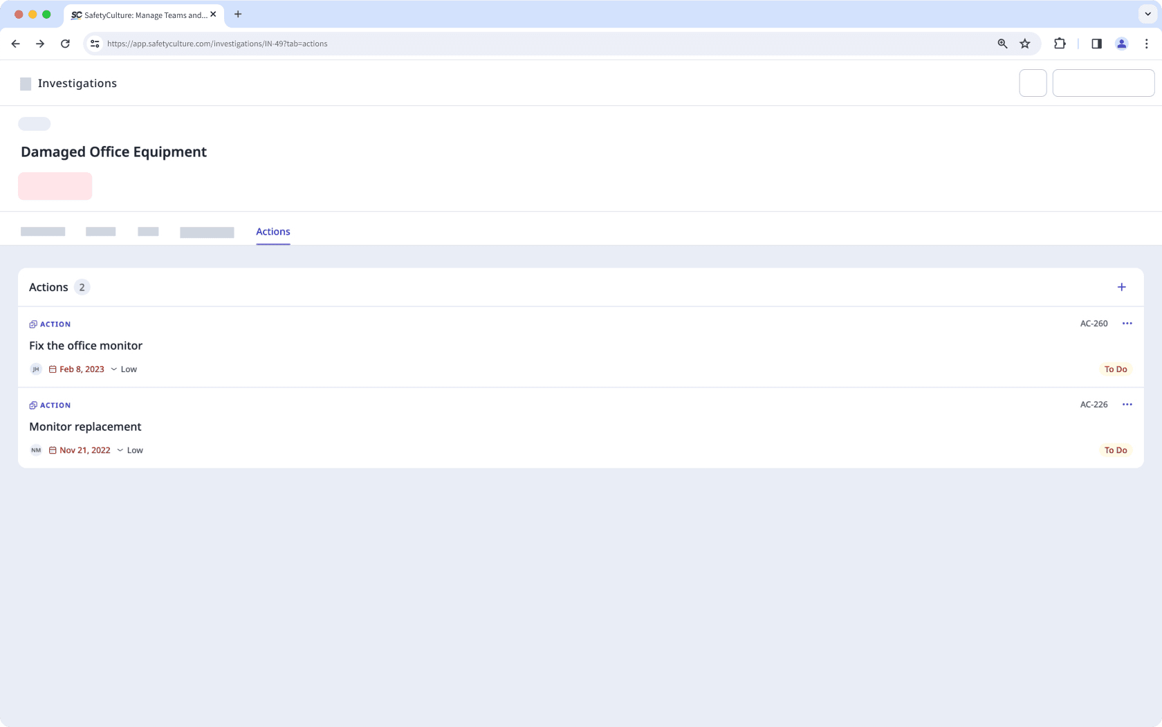 Actions tab in the investigations profile on the web app.