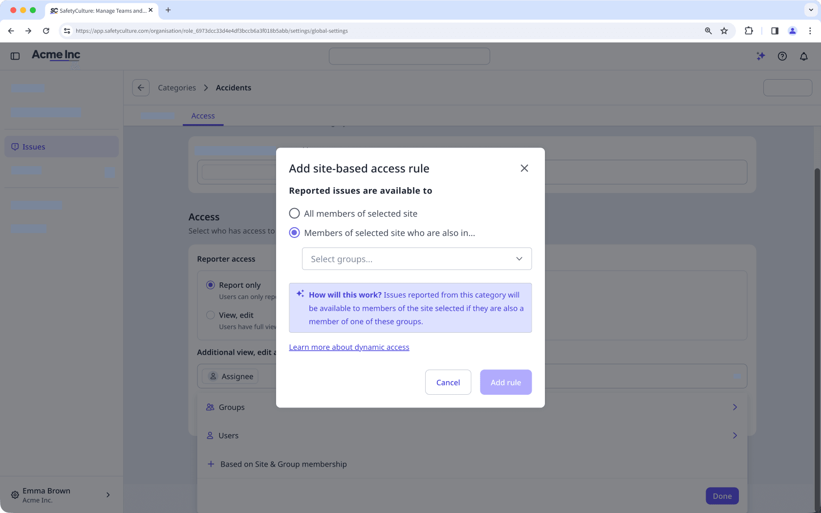 The Issues access page showing the option to add site-based access rule