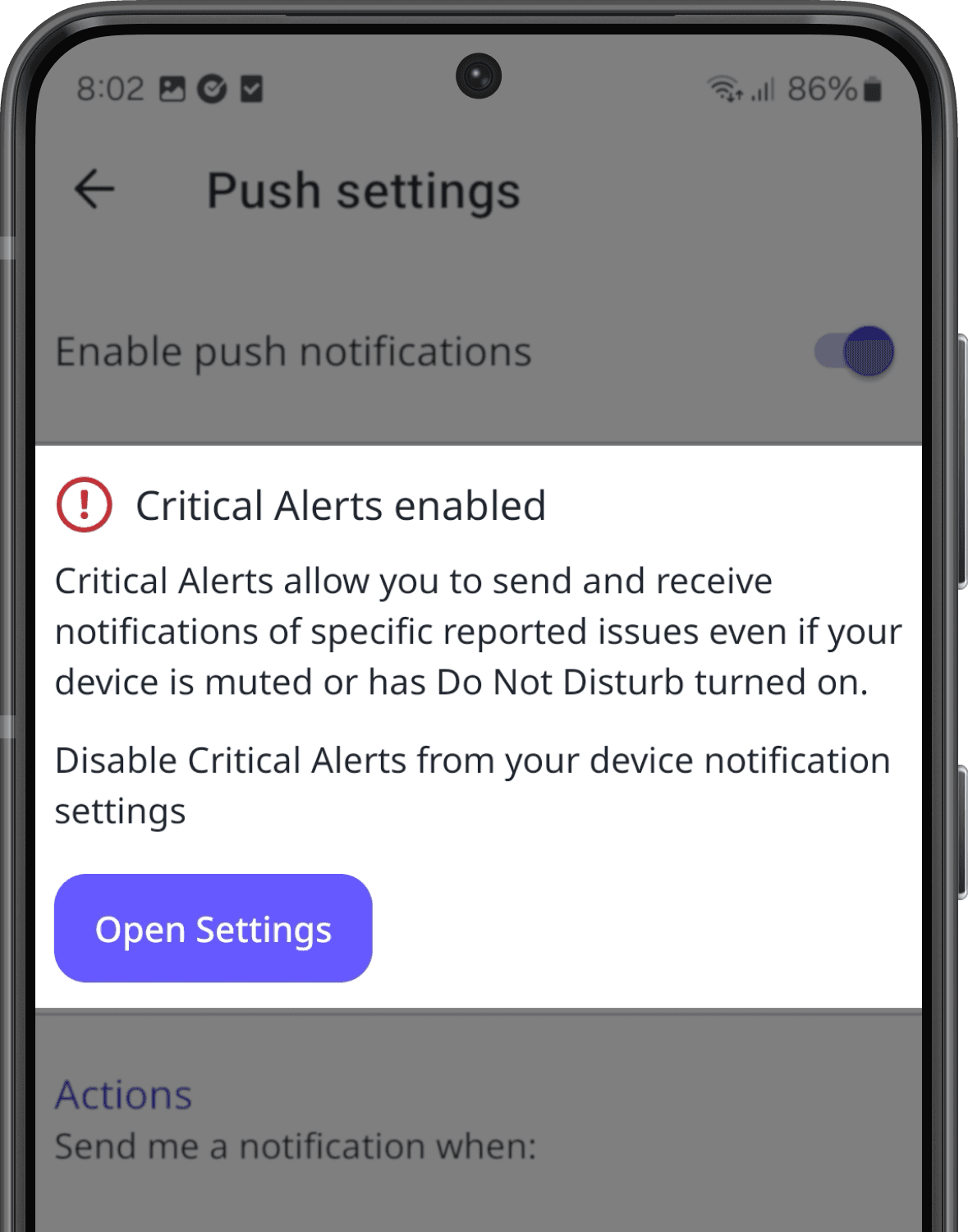 Turn Critical Alerts on or off via Android device settings.