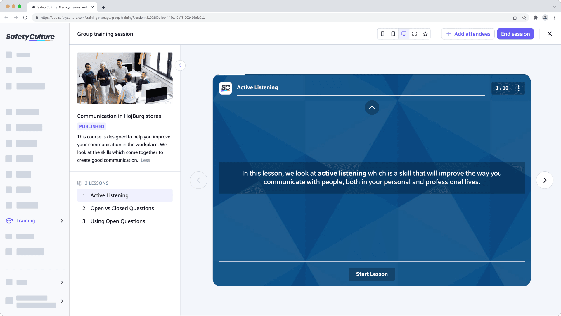 An example of a group training session on the web app.