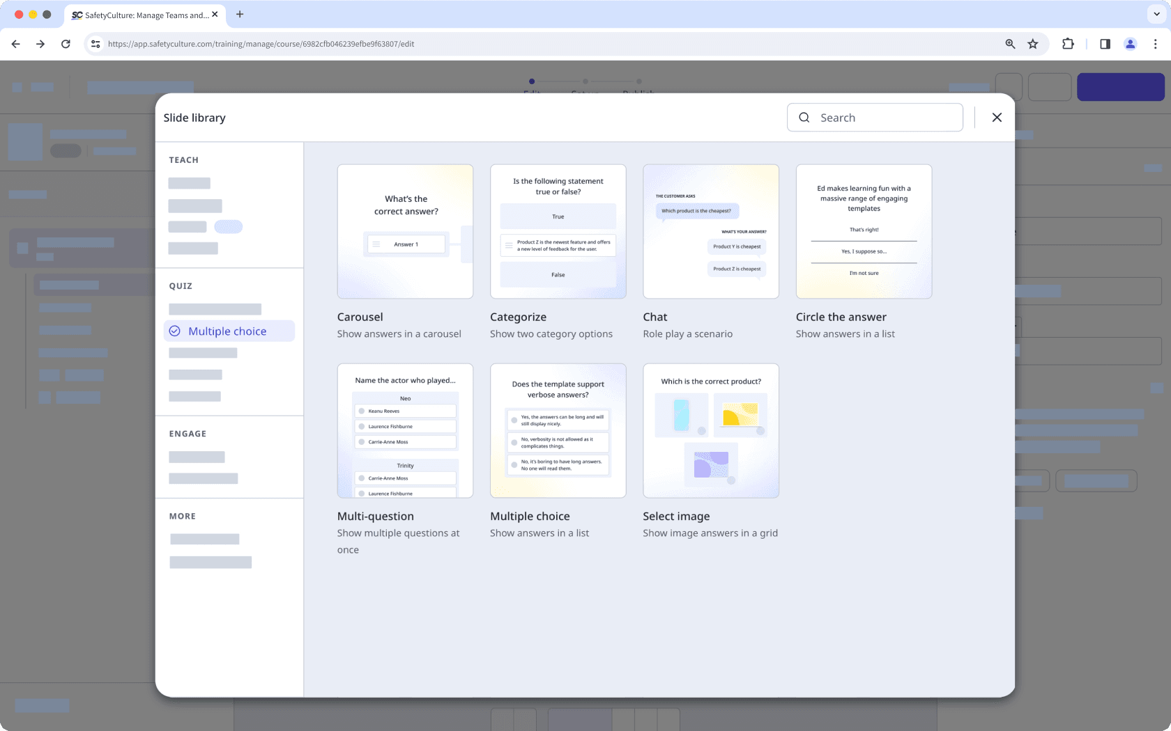 The slide library showing Multiple choice slides.