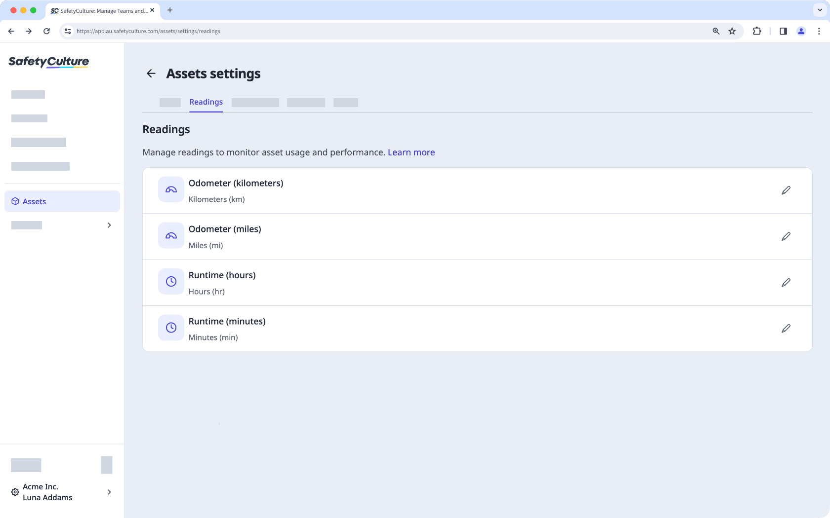 Rename asset readings via the web app.