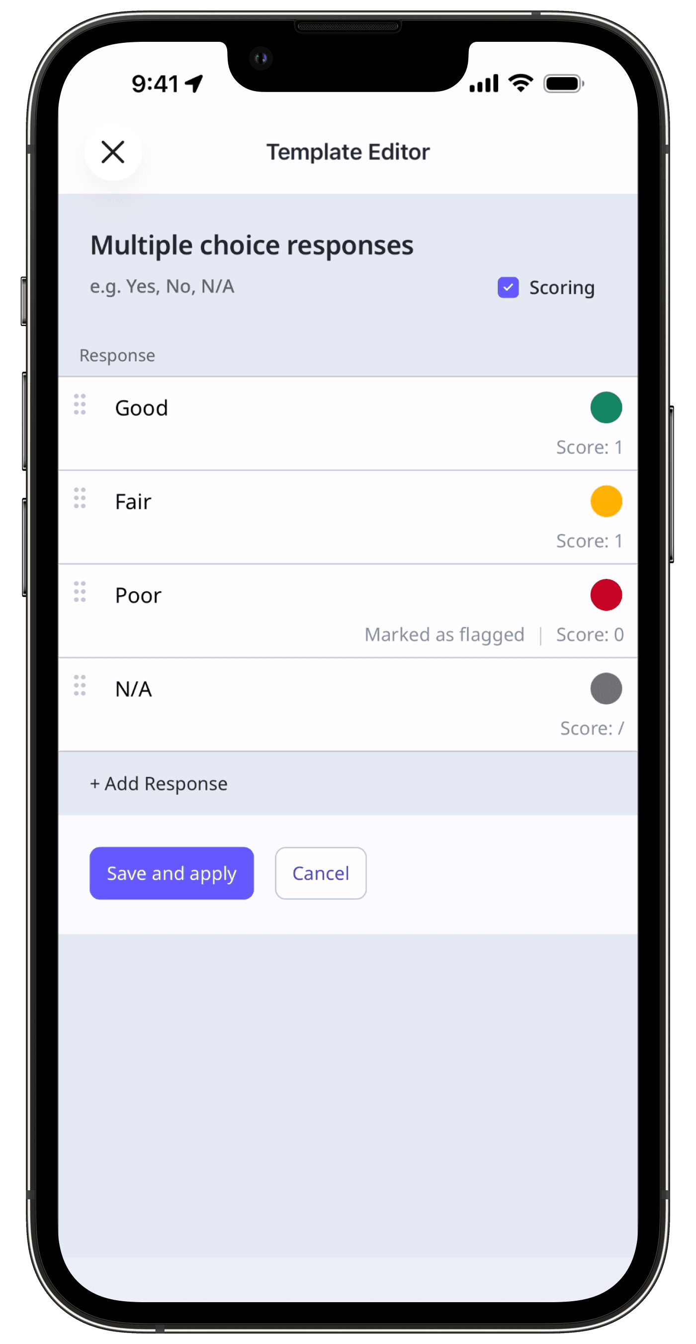 Update a custom response set in a template via the mobile app.