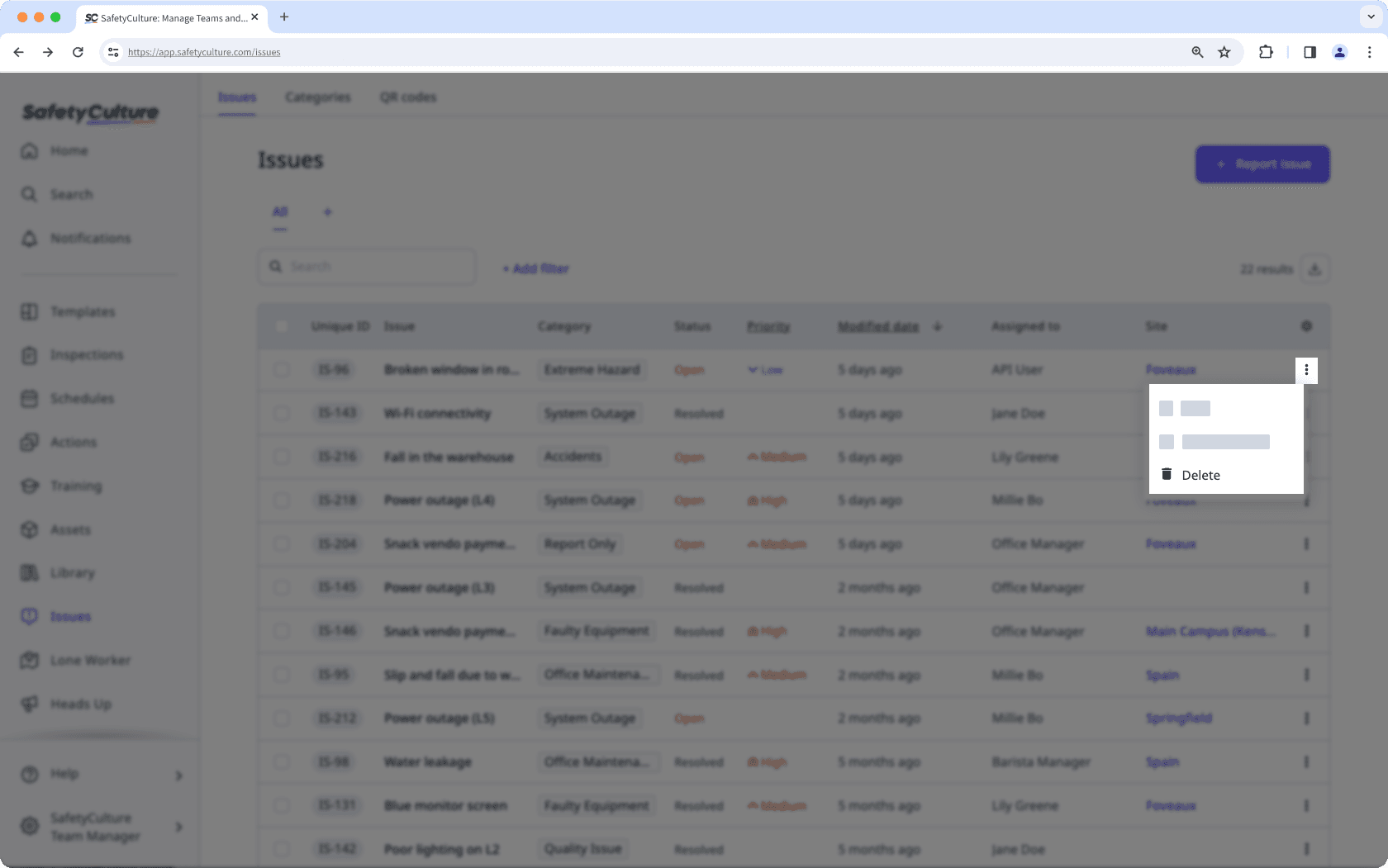 Delete an issue via the web app.