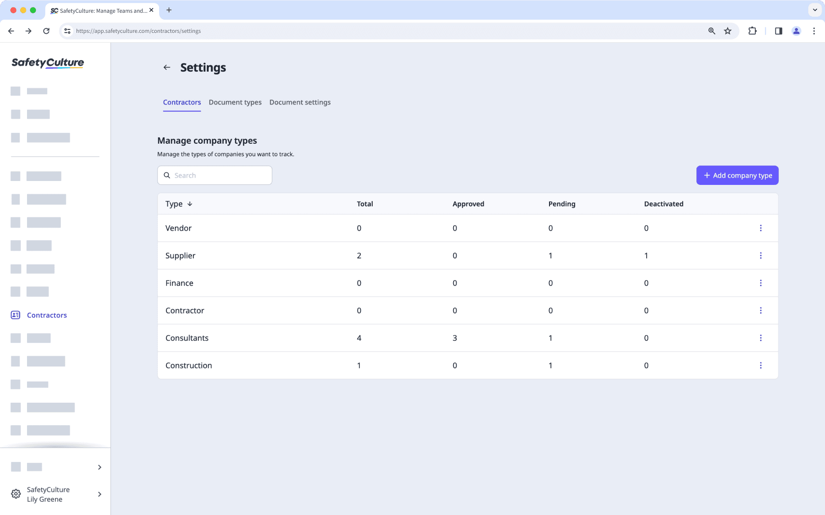 Manage company type settings via the web app.