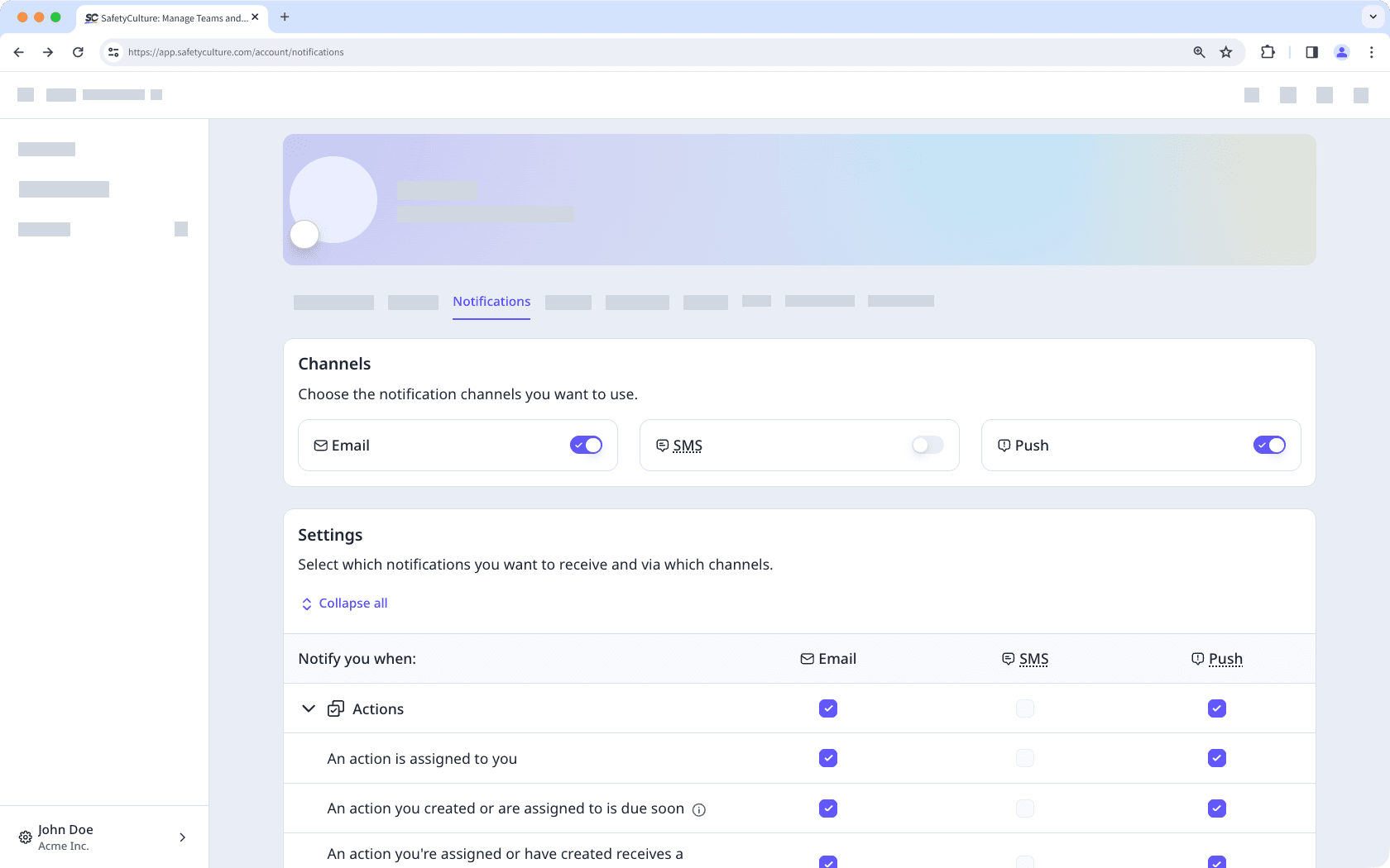 The notification settings tab in user profile settings showing the "Channels" and "Settings" sections.