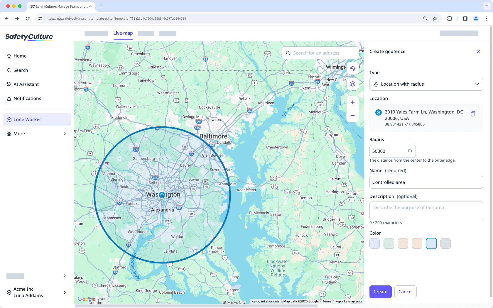 Create a geofence with the location's radius via the web app.