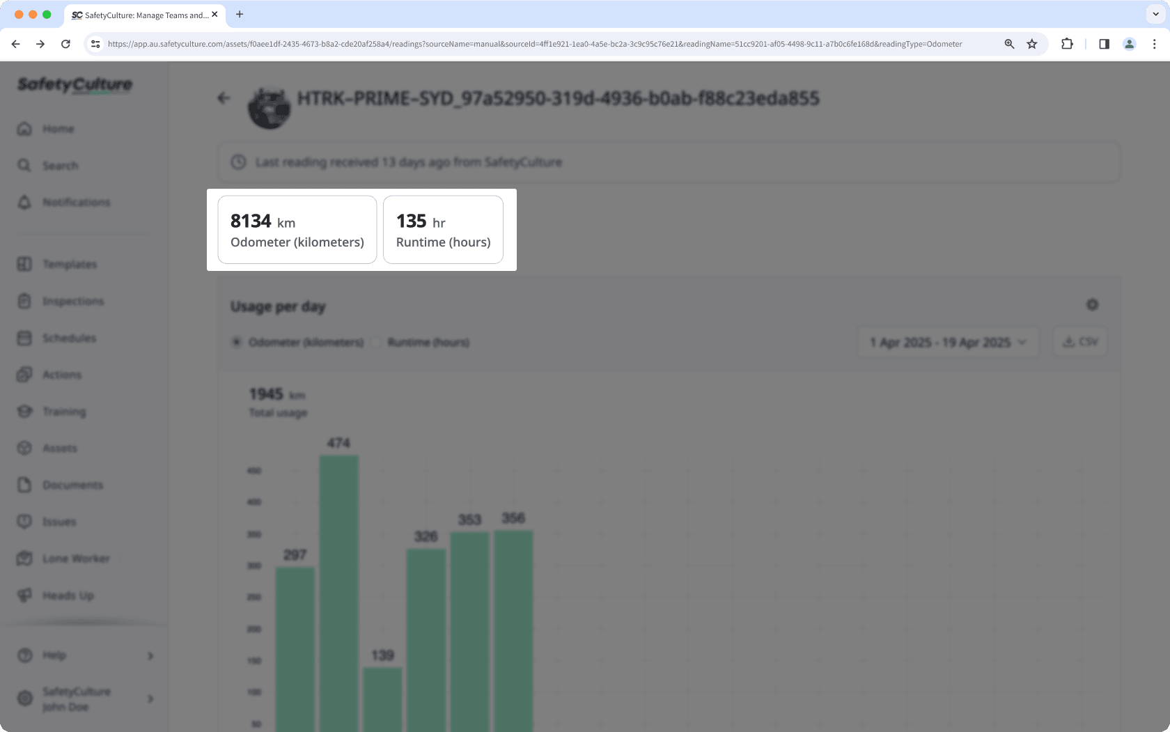 An example of an asset's latest reading via the web app.