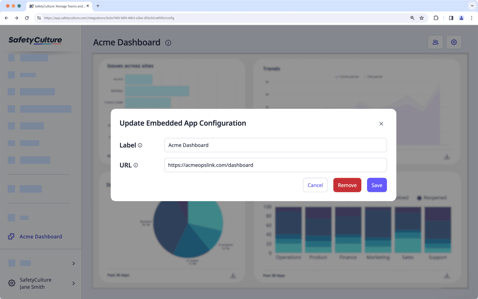 Remove an embedded app page via the web app.