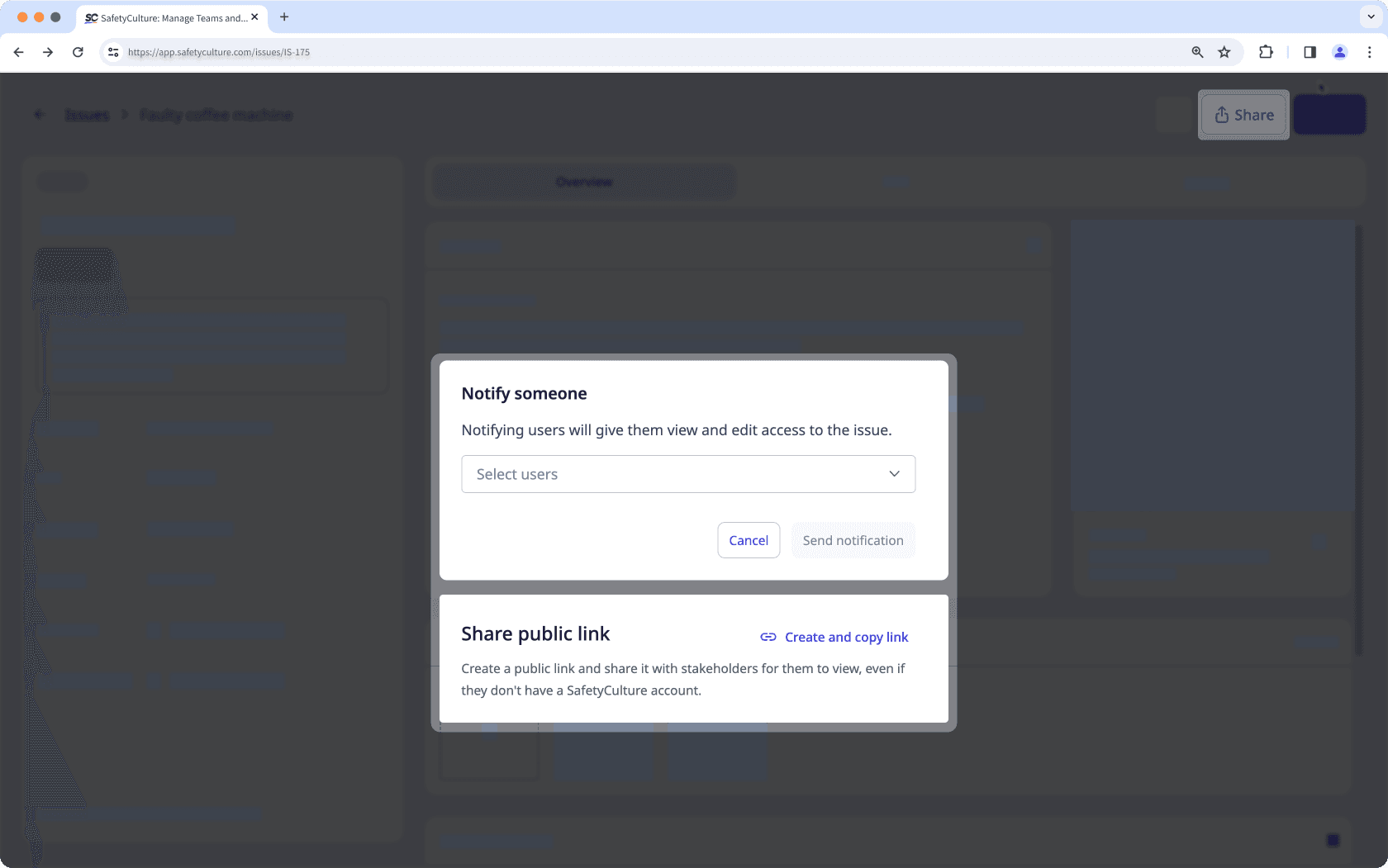 Share issues via the web app.