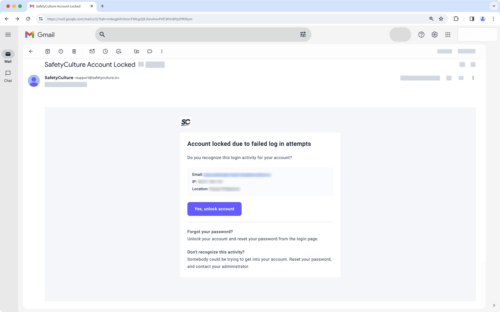 An example "account locked" email via the web app.