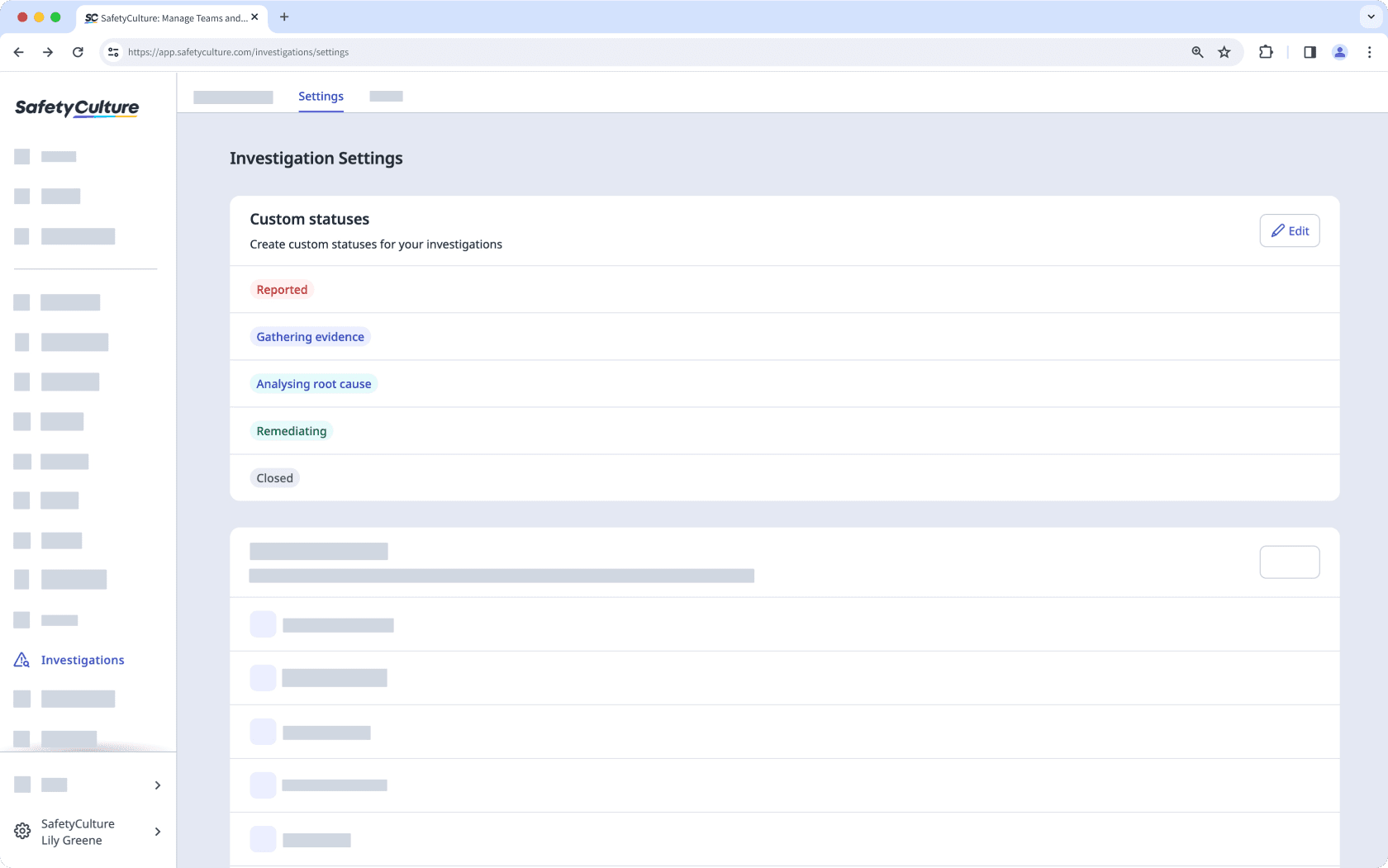 An example of custom statuses in investigations on the web app.