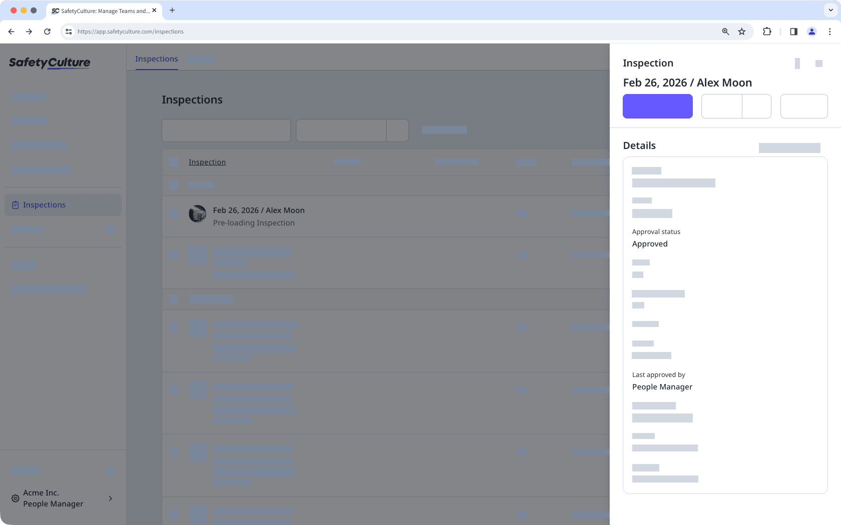 View relevant details such as the status and approver of an inspection via the web app.