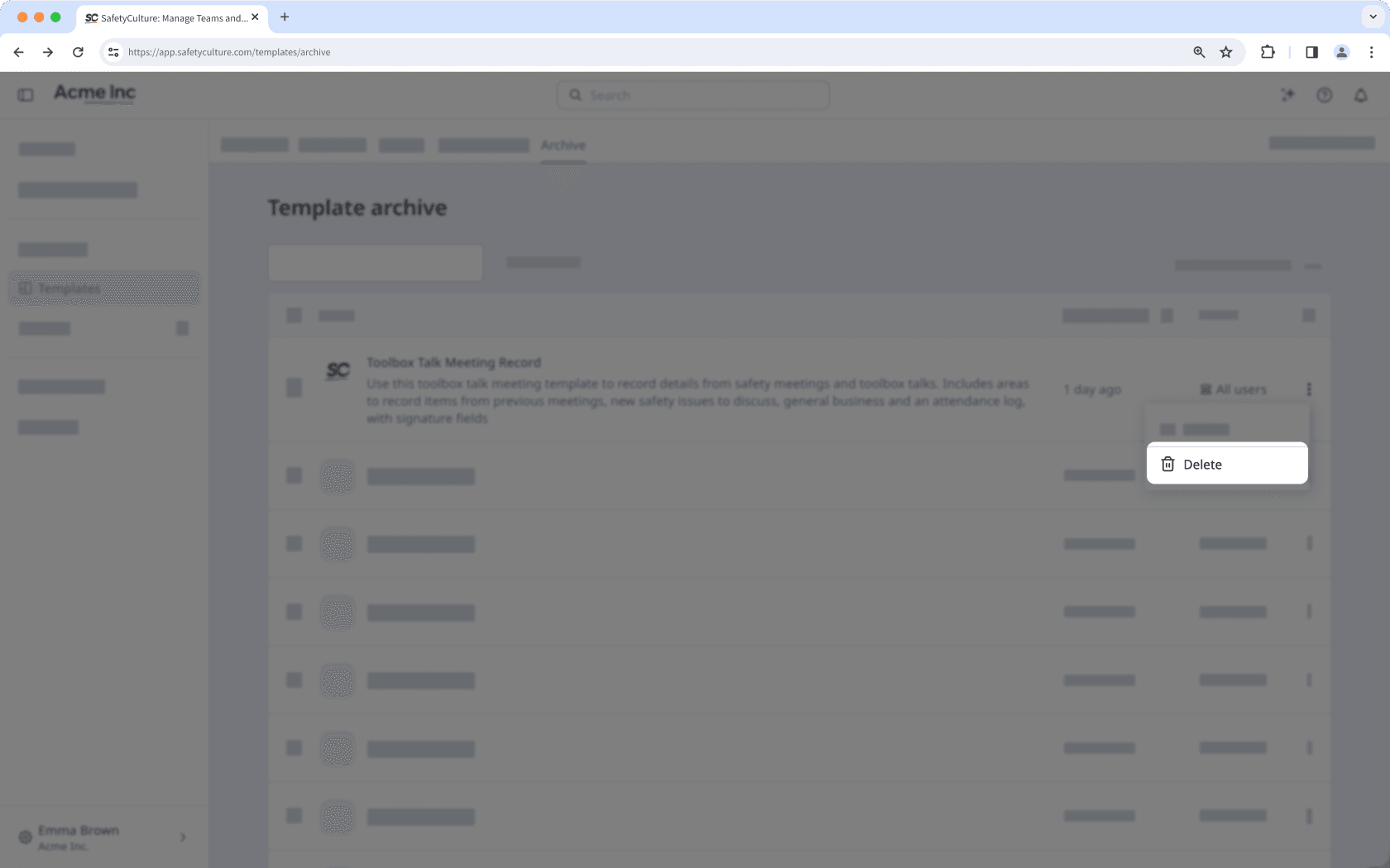 The template archive page showing the option to delete a template.