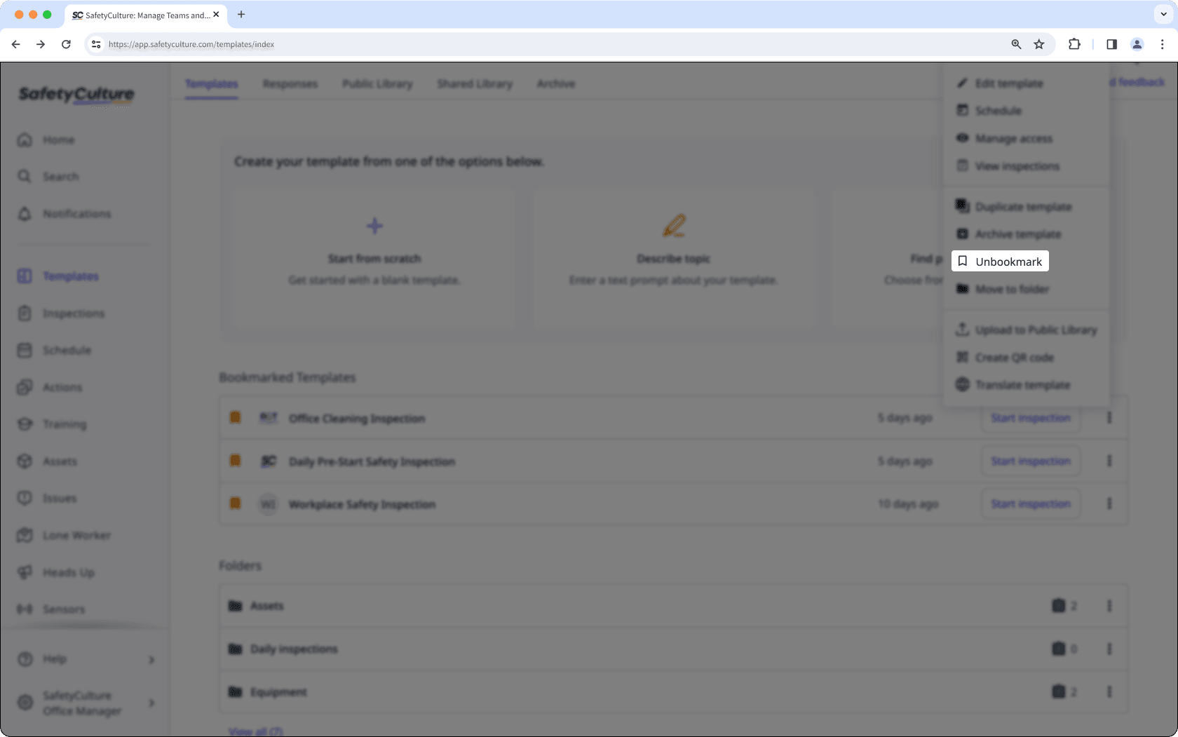 Un-bookmark template via the web app.