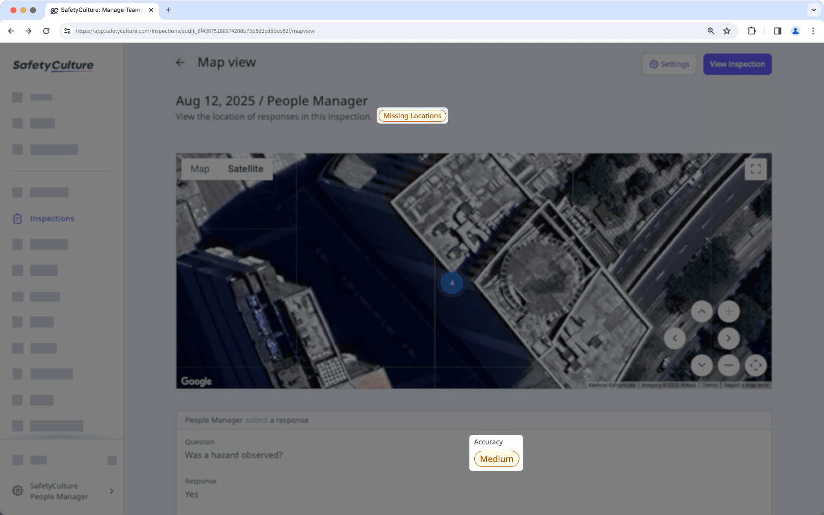 Determine the accuracy of location per response in the inspection map view via the web app.