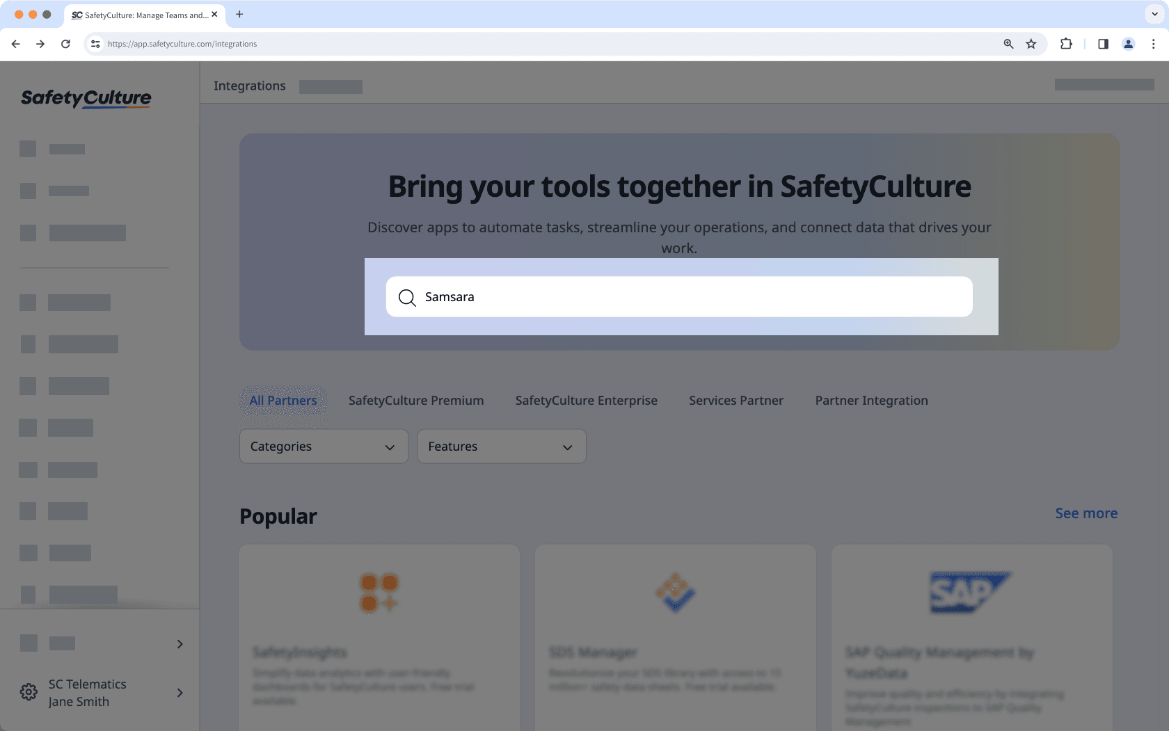 Search for Samsara integration via the web app.