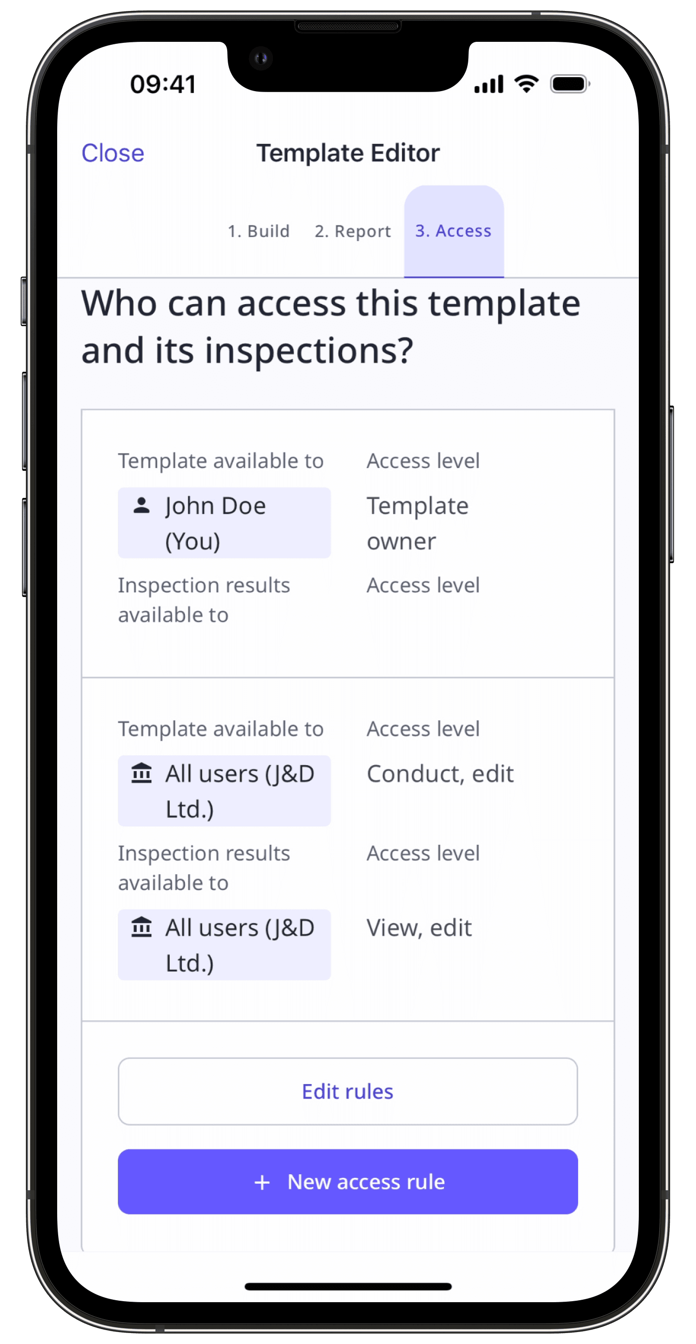 Edit template and inspection access via the mobile app.