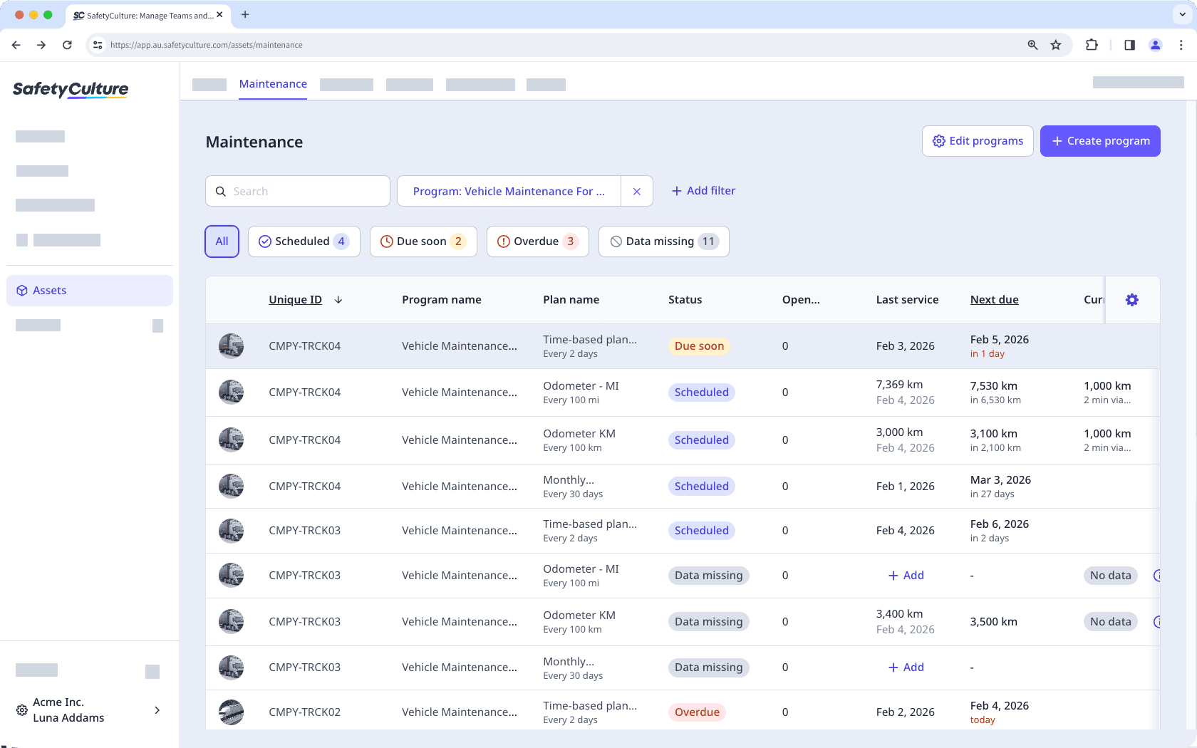 View asset maintenance programs via the web app.