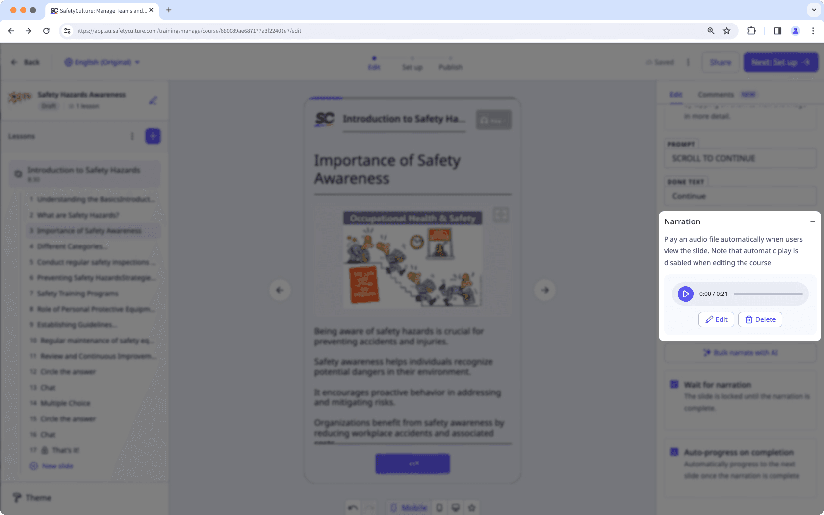 Edit a lesson narration via the web app.