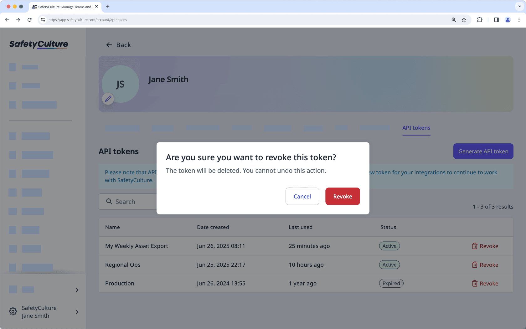 Revoke a user API token via the web app.