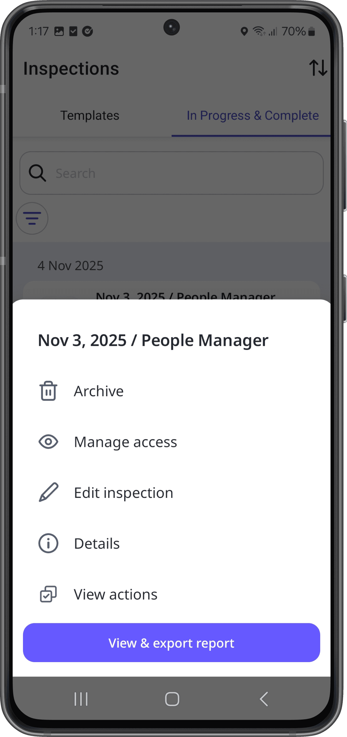 Check my inspection access level via the mobile app (view, edit, delete Android).