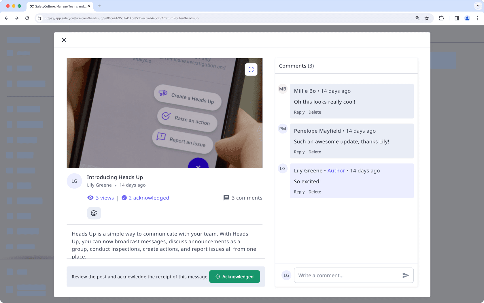 Comment on Heads Ups via the web app.