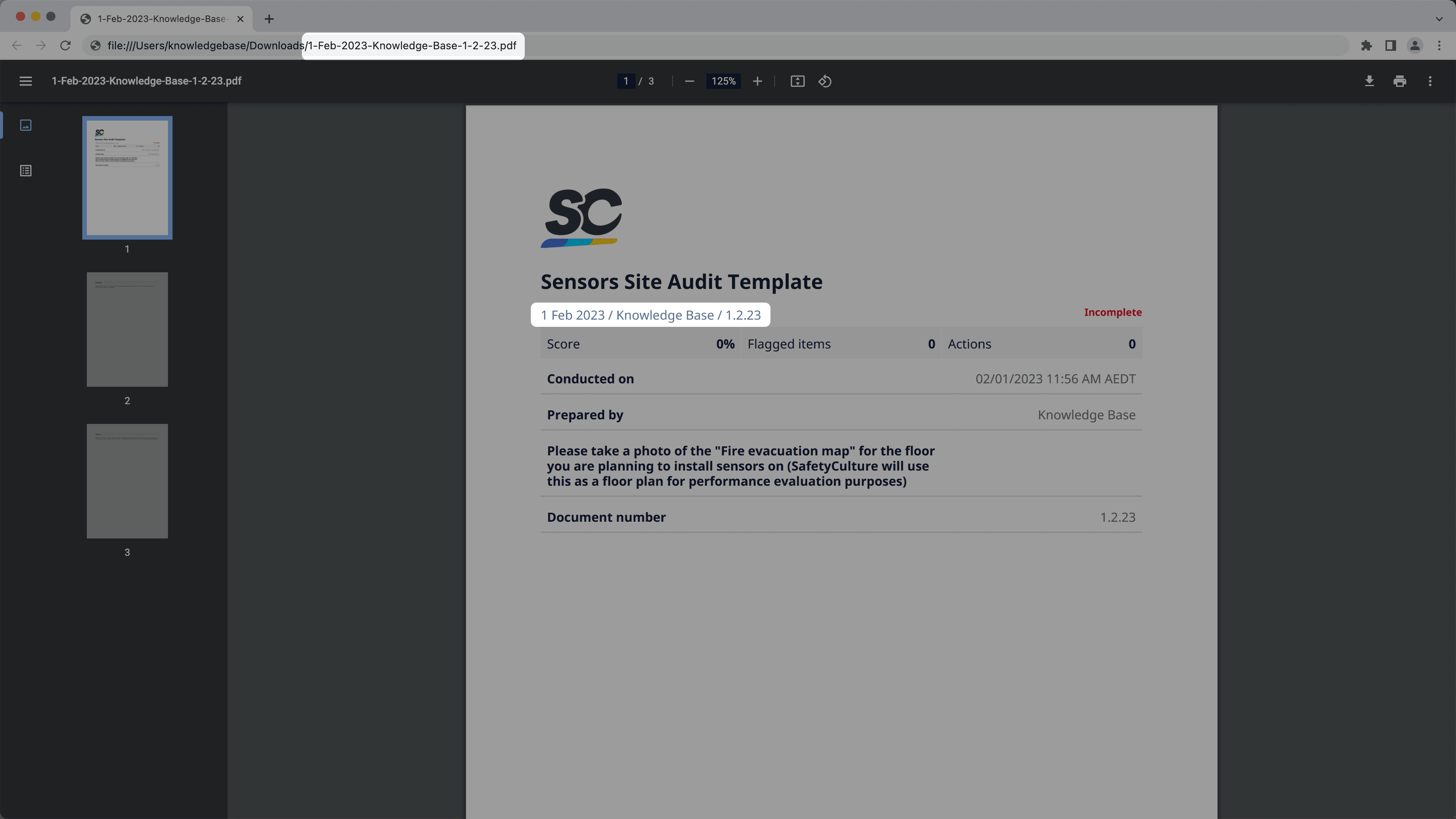 An inspection report's file name shown in a web browser.